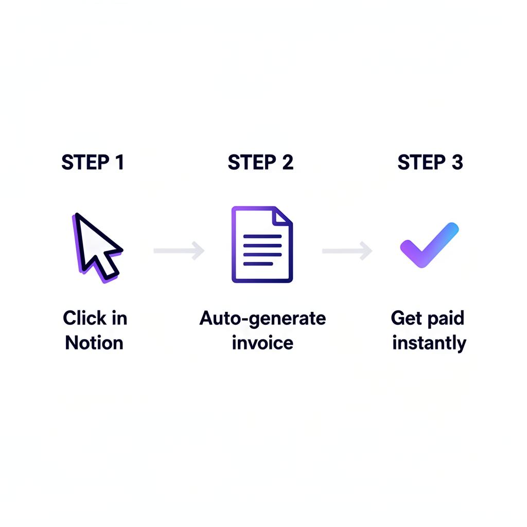 Workflow : cliquer dans Notion, générer la facture, être payé